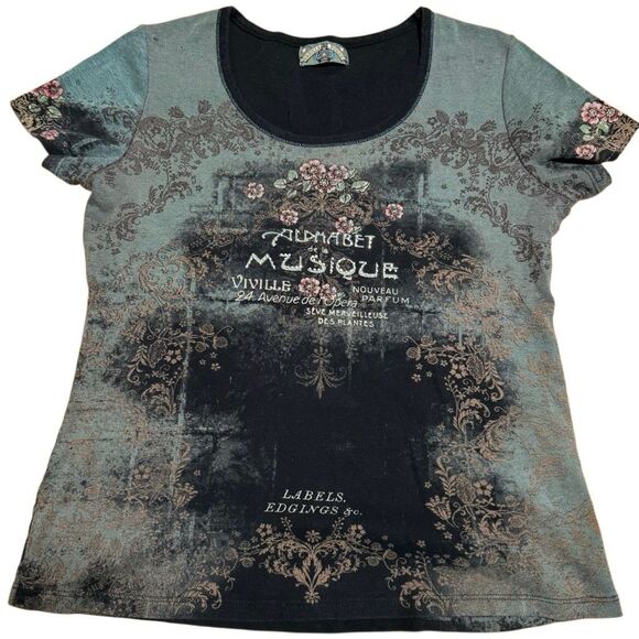 Vanilla Sugar Tops - Vintage Y2K Vanilla Sugar Embellished French Flowers Stretchy Shirt L